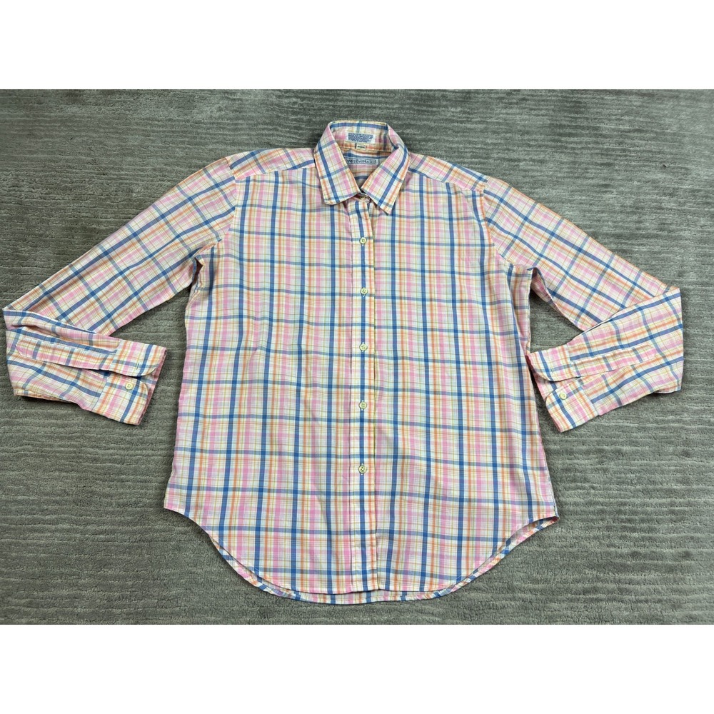 David Brooks Ltd Button Down Shirt Womens 14 Pink Blue Plaid Long Sleeve Preppy